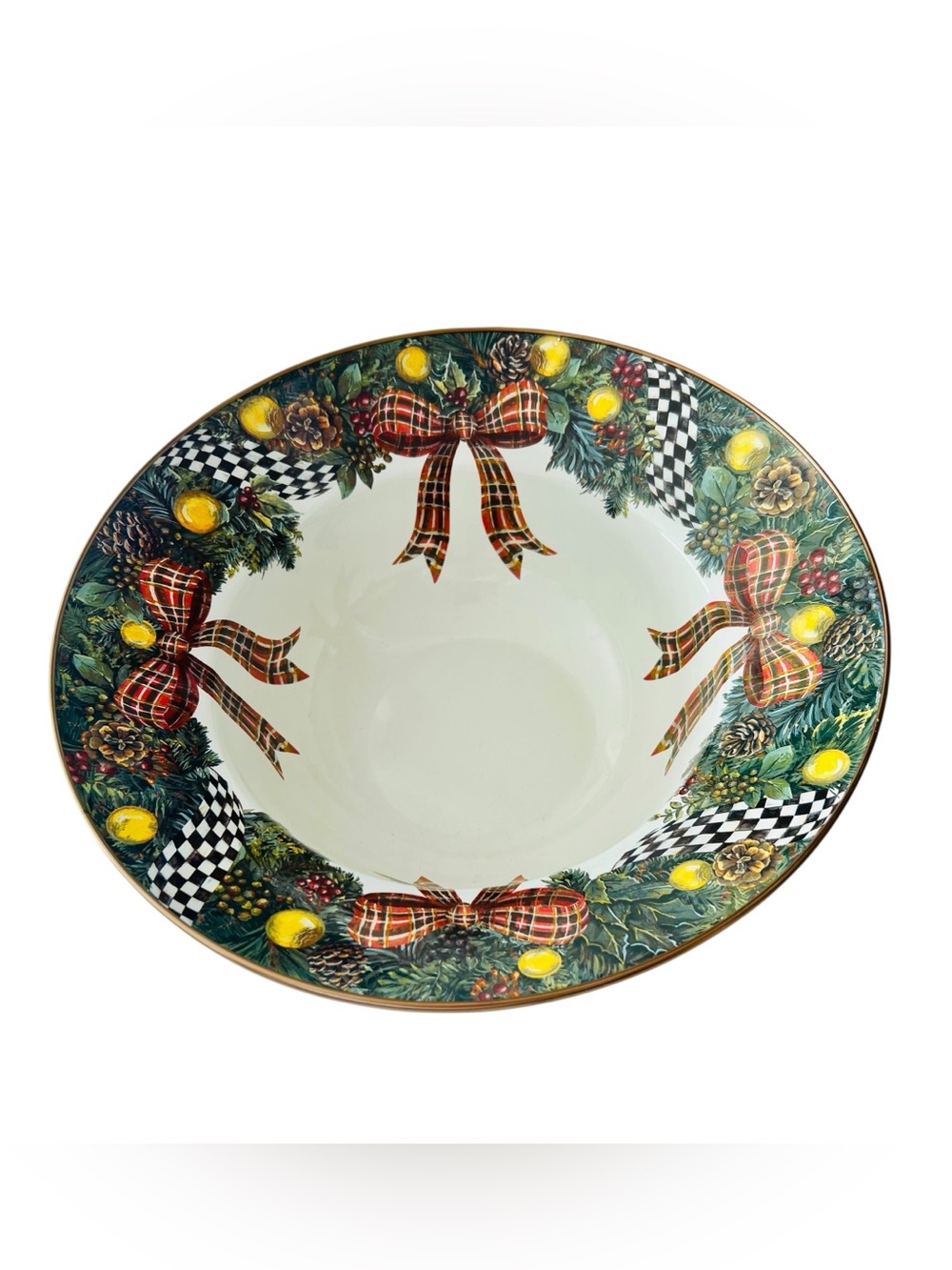 MacKenzie-Childs Evergreen Enamel Serving Bowl 11.5” Rare Retired Holiday Holly